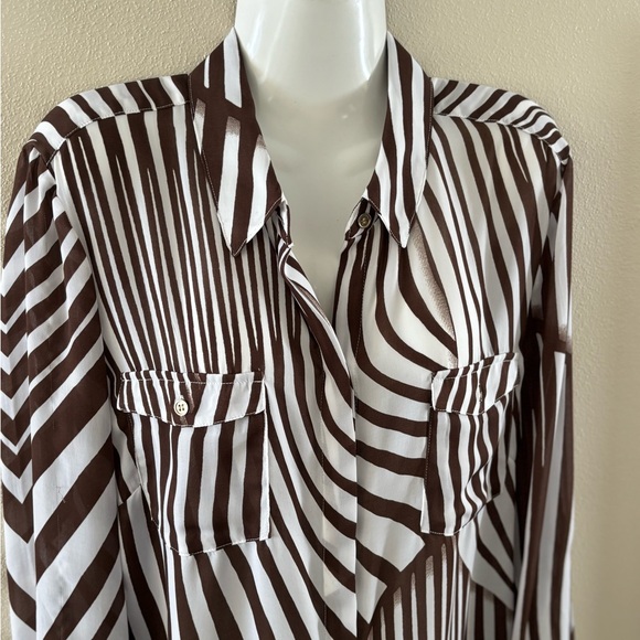 Striped Brown and White Women's Button-Up Shirt - Picture 9 of 12